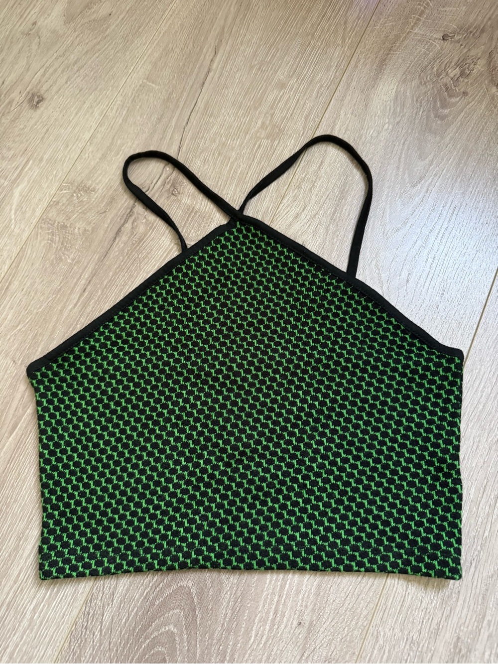 Zara Black & Green Geometric Knit Crop Halter Top